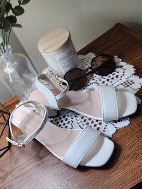 Women’s White Ankle Strap Block Heel Sandals